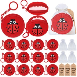 Elecrainbow 36 Pack Ladybug Change Purses Set Include 12 Ladybug Wallets with Keyrings, 12 Thank You Tags and 12 Organza Bags for Ladybug 1st Birthday Baby Shower Birthday Party Decoration,Red