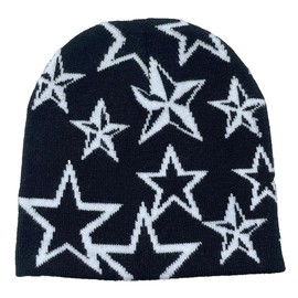 CORIRESHA Men Women Y2K Beanie Star Jacquard Knitted Hats Winter Fall Warm Caps, Black White, One Size