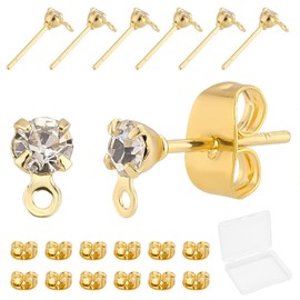 Beebeecraft 1 Box 40 Pieces 18K Real Gold Plated Stud Earrings Round Cubic Zirconia Stud Earrings with Bow for Women Girls Jewellery Making DIY Crafts