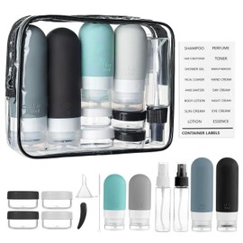 Juego de 16 Botellas de Viaje de Silicona, Kit de Viaje Aseo Personal con Etiqueta Recipientes, A Prueba de Fugas, Sin Bpa, Recargables para Loción, Champú, Acondicionador y Gel de Ducha