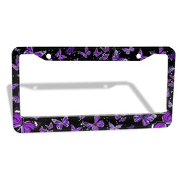 Purple Butterfly License Plate Frame - 1 Pack Beautiful Fluttering Butterfly License Plate Holder Aluminum Metal Car Tag Cover with 2 Holes Customized Decorative for Women US Vehicle Standard