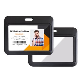 Lanyardio 1 Pack Sliding Horizontal ID Badge Holder Hard Black Plastic Card Case Protector Pouch with Sided Clear Window for Office School ID Credit Cards and Proximity Key Cards