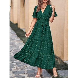 MASCOMODA Womens Boho Swiss Dot Maxi Dresses Wrap V Neck Flutter Short Sleeve Solid Tie Belt A Line Tiered Flowy Long Dress(Dark Green,Medium)