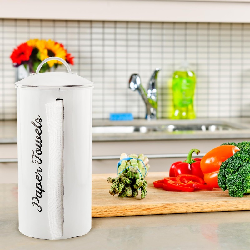 AuldHome Design Farmhouse Paper Towel Holder (White); Rustic Enamelware Countertop