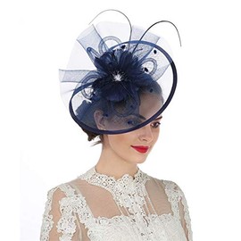 Sinamay Flower Feather Headband Fascinator Wedding Headwear Ladies Race Royal Ascot Pillbox Wedding Cocktail Tea Party Derby Hat for Women（SG-Navy