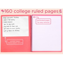 Steel Mill & Co Cute Large Spiral Notebook College Ruled, 11" x 9.5" with Durable Hardcover and 160 Lined Pages, Pink Poppy