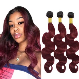 Ombre Burgundy Human Hair Bundles Red Body Wave Bundle Human Hair 24 26 28 Inch Unprocessed Hair Weave 1B99J Bundles Healthy And Soft Remy Hair Extensions