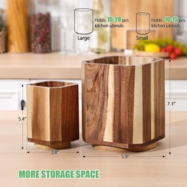 SiliFine 2 Pack Wooden Utensil Holder, 360°Rotating Kitchen Cooking Utensil Crock, Spoon Spatula Holder for Kitchen Counter, Farmhouse Countertop Organizer(Acacia,Square)