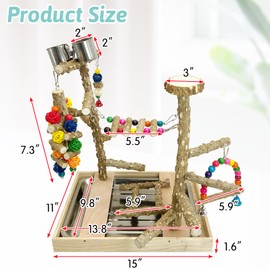 PINVNBY Bird Playground Natural Wood Parrot Perch Stand Bird Play Gym Colorful Ladder Swing Chewing Toys with Metal Tray and 2 Stainless Steel Cups Bird Cage Accessories for Conure Cockatiel Parakeet
