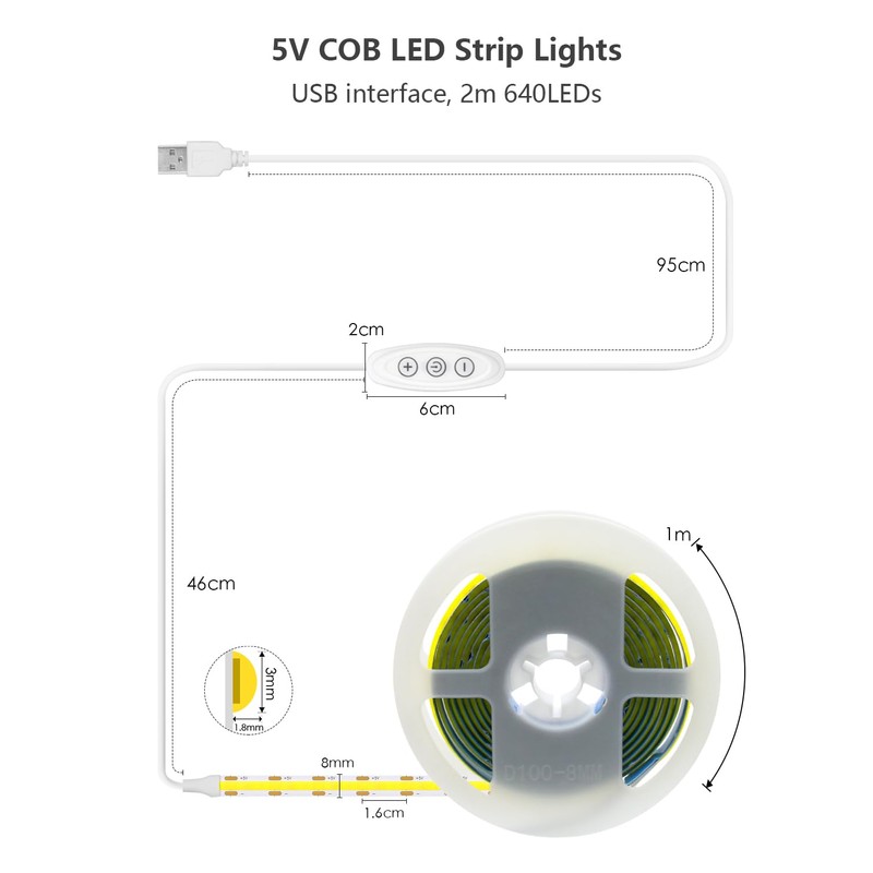 ALITOVE USB COB LED Strip 2 m Cool White 6000
