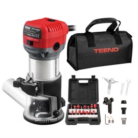TEENO Wood Router, 6.5 Amp 1.25 HP Compact Router Tools for Woodworking, 13000-33000 RPM Hand Trim Router with 15pcs 1/4" Bits Set, 6 Variable Speeds, Edge Guide, Roller Guide