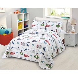 Kids Zone Collection Ocean Submarine Kids/Teens Bedding Set White Quilted Coverlet with Sea Life Pattern Twin New # Submarine
