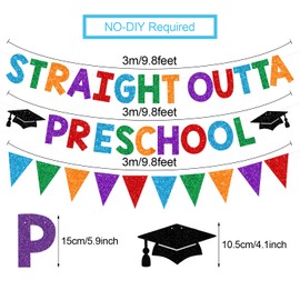 YEIRFYY Glittery Straight Outta Preschool Banner and Pennant Banner Colorful Preschool Grad Garland Boys Girls Class of 2025 Congrats Grad Fireplace Wall Decor Preschool Graduation Party Decorations