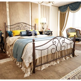 Metal Bed Frame Queen Size with Vintage Headboard and Footboard Platform Base Wrought Iron Bed Frame (Queen,Antique Brown)