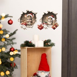 Christmas 3D Mouse Hole Wall Decals Cute Mouse in Hole Wall Stickers Removable Waterproof Winter Xmas Fun Mouse Hole Wall Stickers for Wall,Home,Kids Room, Living Room, Bedroom,Nursery Decor