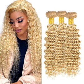 20 22 24 Inch P27/613 Human Hair Bundles Highlight Deep Wave Honey Blonde Hair Bundle Brazilian Remy Human Hair Weave Tow Tone Hair 3 Bundles Double Weft Hair Weave Extensions