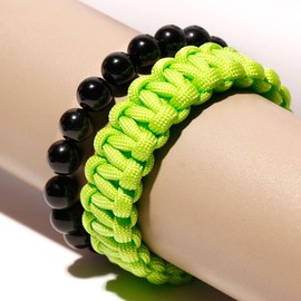 Wizock 10mm Gold Obsidian Beaded Bracelets for Women and Men Protection Outdoor Hiking Camping Survival Paracord Bracelets 2Pcs (Green)
