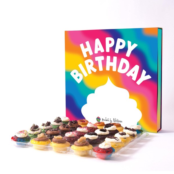 Baked by Melissa Cupcakes - Happy Birthday Gift Box - Latest & Greatest - Assorted Bite-Size Cupcakes, Includes 12 Different Flavors: Cookie Dough, Cookies & Cream, Tie-Dye & More (25 Count)