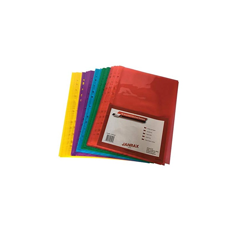 Pack of 50 A4 Assorted Colour Clear Punched Pockets by