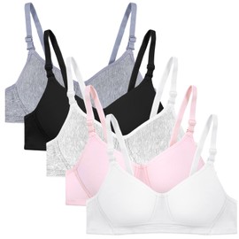 Phennie's Girls Training Bras Teens Sports Bras for Kids 8-10,10-12,12-14,14-16 Years Soft Cotton Wireless Light Padded Bralette (US, Numeric, 32, Regular, 5, Black+White+Skin+Dark Grey+Light Grey)