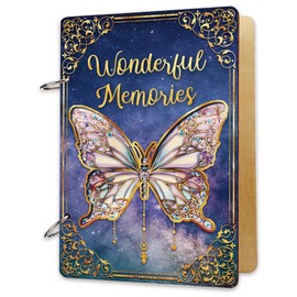 SUPERDANT Wooden Card Keeper Memory Book Loose Leaf Binder Greeting Card Postcard Photo Album 2-Rings Cover 3D Butterfly Wonderful Memories Birthday Reminder Calendar Holder Organizer Card Keepsake