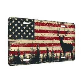 American Flag Deer Front License Plate for Men Forest Vintage Car Vanity Plates Decorative Aluminum Metal Cute Novelty License Plate 6x12 Inch (4 Holes)