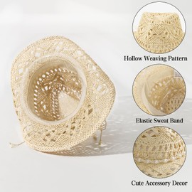 Straw Cowboy Hat for Women, Western Beach Coastal Cowgirl Hat with 2 Replacement Hat Bands, Shapeable Brim Beige