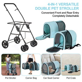 LPOTIUS Double Pet Stroller for Dogs and Cats with 2 Detachable Carrier, Quick-Folding Dog Stroller for Medium Small Dogs Cats, 4 Wheels, Light Blue