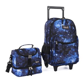 Tilami Rolling Backpack 18 inch Double Handle with Lunch Bag Wheeled Kids Backpack for Girls and Boys, Galaxy Blue