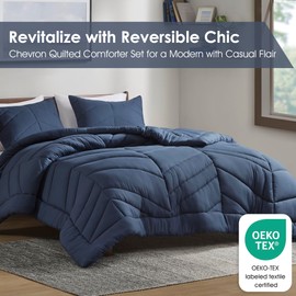 Intelligent Design Queen Comforter Set, Puffy Chevron Quilted, Overfilled Comforter for a Queen-Size Bed, All Season Down Alternative Comforters Lofty, Matching Sham, Remy, Full/Queen Navy 3 Piece