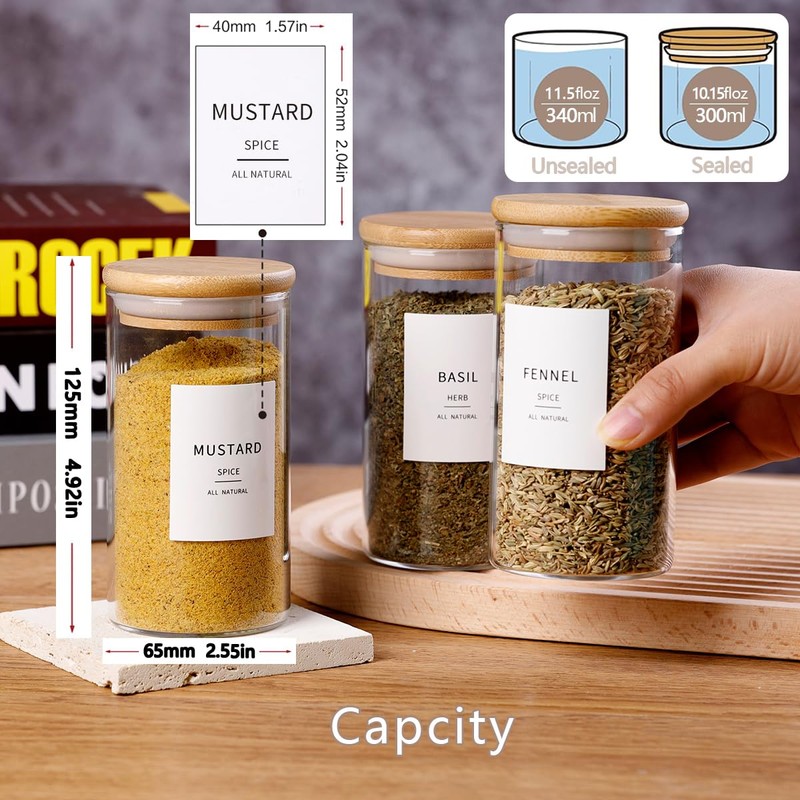 12 Pcs Glass Spice Jars With Bamboo Airtight Lids, 10oz