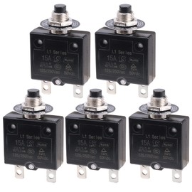 RKURCK Thermal Circuit Breaker 15 Amps, Thermal Overload Protector L1 Series 125-250V AC 50V DC Push Button Manual Reset Circuit Breaker 15A 5 Pack