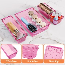 SpaceHacks 25 PCS Plastic Drawer Organizer Set, 4-Size Versatile Organizer Trays & storage Bins for Makeup, Jewelry, and Gadgets in Bathroom, Bedroom and Office, Clear Pink