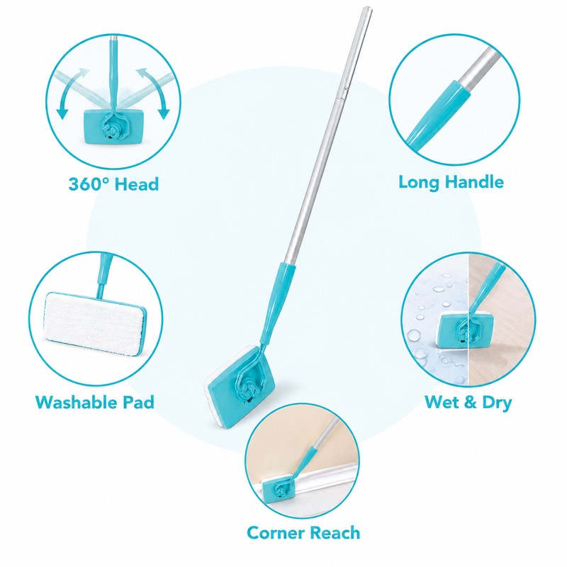 Baseboard Cleaner Mop Pad with Long Handle - 360° Rotating