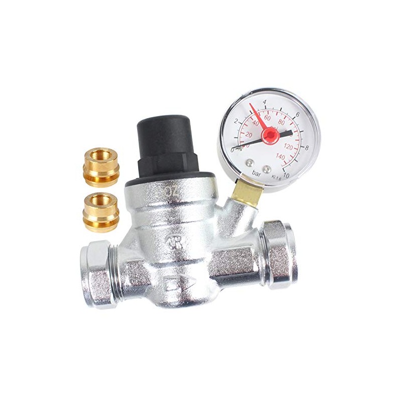 SPARES2GO Boiler Pressure Reducing Regulator Valve with Gauge for 22mm