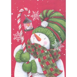 LPG Greetings Snowman Wearing Green and Red Hat and Scarf and Holding Candy Cane Lantern Box of 16 Christmas Cards