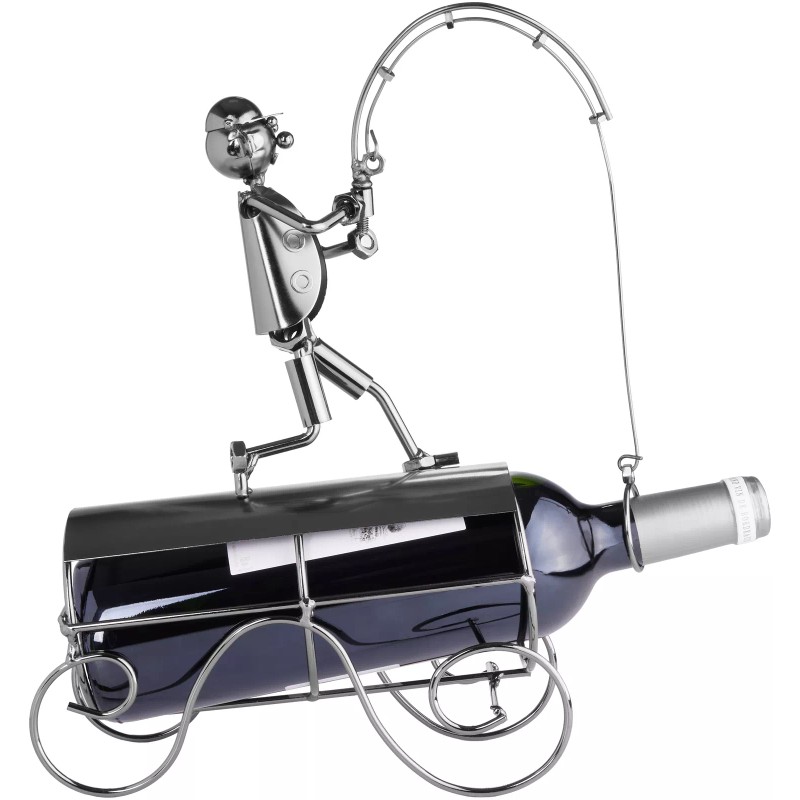 BRUBAKER Wine Bottle Holder 'Fisherman Catching Fish' - Metal Sculpture