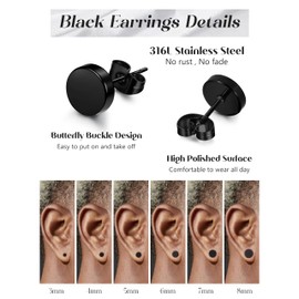 FIBO STEEL Black Stud Earrings for Men Women Stainless Steel Mens Earrings Hypoallergenic Round CZ Square Black Earring Studs Set 6 Pairs 3mm-8mm Round