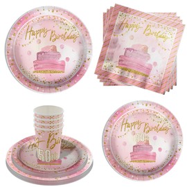 50th Birthday Party Supplies - Happy Birthday Pink and Gold Tableware Set Includes Large Paper Plates Napkins Plates - Kit for 16 (50th Birthday, 64 Piece)