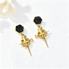 Gold Cross Earrings for Men Women 925 Sterling Silver Thorn Cross Stud Earrings with Black Agate Christian Jewelry Gifts for Men Women