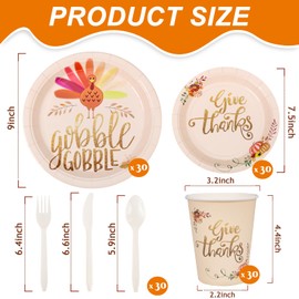 WELLIFE 180Pcs Thanksgiving Paper Plates, Unique Graphic Design, Dinnerware Set of 30Pcs Dinner Plates, 30Pcs Salad Plates, 90Pcs Beige Plastic Silverware and 30Pcs Thanksgiving Cups
