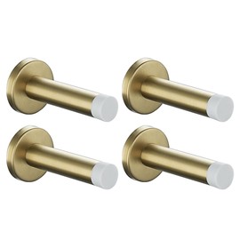 JQK Door Stopper Gold, 304 Stainless Steel Thicken 1mm Sound Dampening Door Stop Bumper Wall Protetor 4 Pack, Brushed Gold White Tip, DSB5-WG-P4