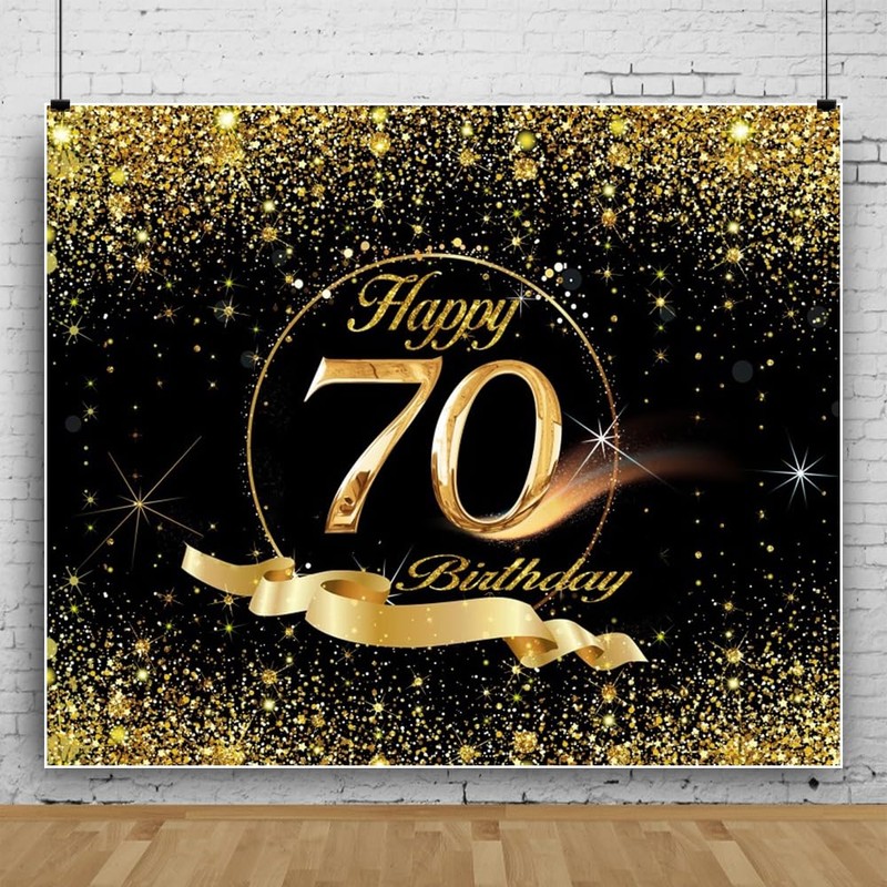 70th Birthday Backdrop 8x6ft Black Gold Birthday Backdrop for Party