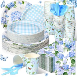Sinmoe 400 Pcs Spring Plates and Napkins Set Paper Flower Dinnerware Disposable Party Supplies for 50 Guest Dinnerware Knife Fork Spoon for Spring Birthday Party(Blue,Hydrangea)