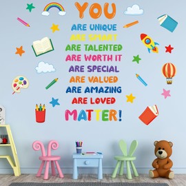 Inspirational Kids Room Wall Decal Set, Colorful Educational Motivational Quotes, Rainbow School Classroom Decorations with Stars and Clouds (Inspirational)