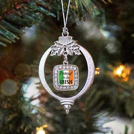 Inspired Silver - Proud to be Irish - Silver Christmas Ornament - Square Charm Christmas Tree Ornament with Cubic Zirconia - Holiday Hanging Decoration