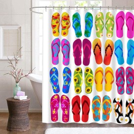 Beach Flip Flops Shower Curtain Summer Beach Holiday Colorful Slippers with Fruit Flowers Polyester Fabric Bathroom Decor 70×70 Inch with Hook