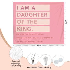 Exqcom Girl Nursery Tapestry, Christian Bible Verse Wall Decor, I Am a Daughter of the King Religious Scripture Tapestries Wall Blanket for Girls Bedroom Dorm Playroom Decor, 50x60 Inch