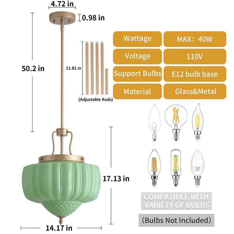 Blhxian Green Milk Glass Pendant Light,14" Brass Chandelier,Ceiling Light Fixture