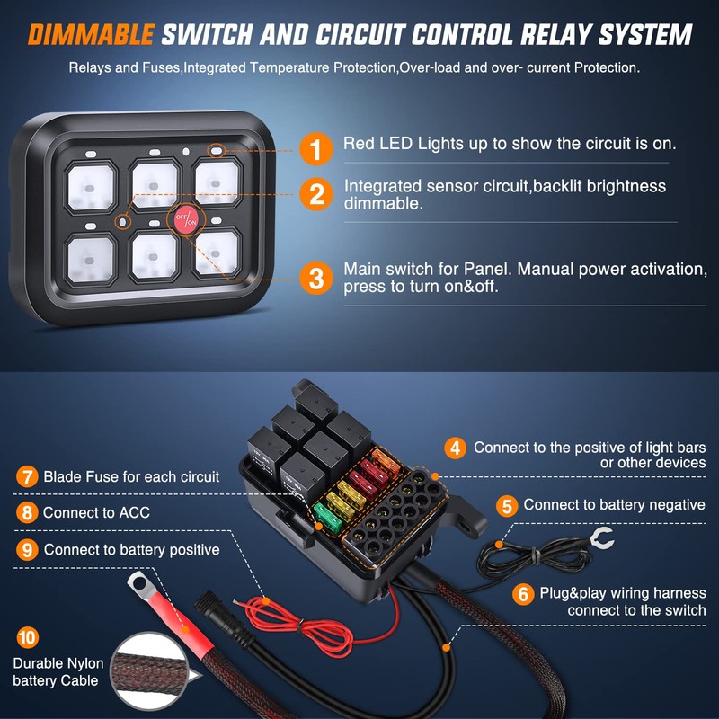Nilight 6 Gang Switch Panel Universal Circuit Control Relay System